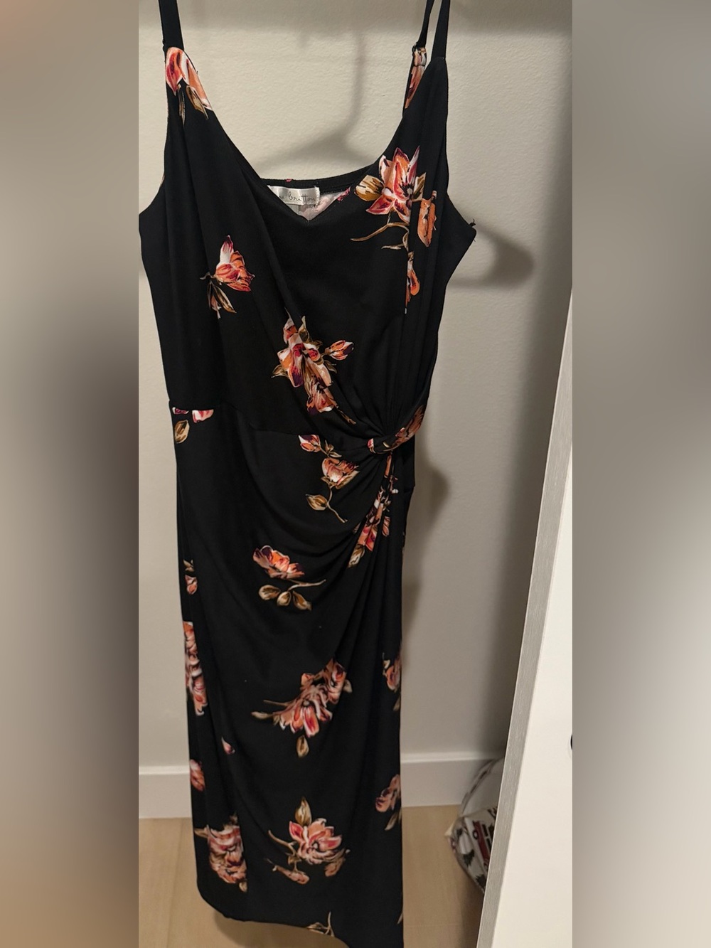 nine britton Black Midi Dress with Pink and Orange Floral Print